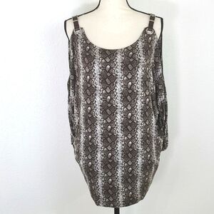 MICHAEL MICHAEL KORS Brown Snake Print Cold Shoulder 3/4 Ruched Sleeves, size L